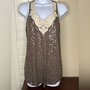 EXPRESS Racerback Sequin & Crochet Embellished Taupe Tank Sz Small
